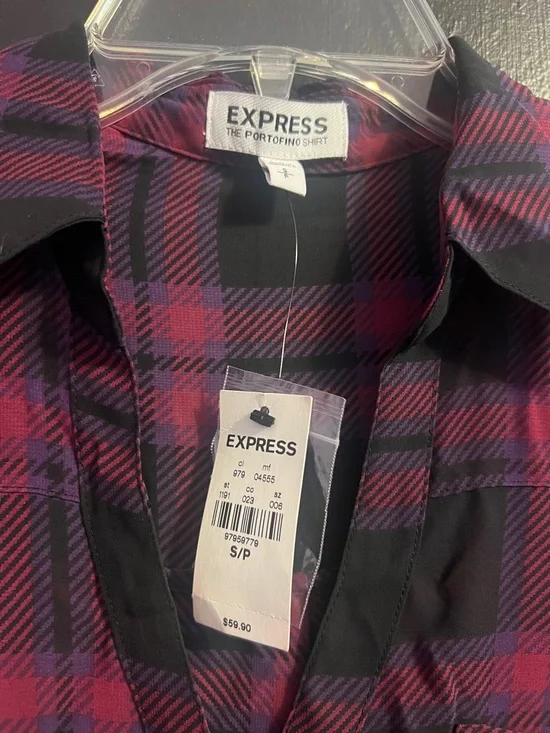 Express Portofino Black and Purple Plaid Roll-Sleeve Shirt - Picture 2 of 3